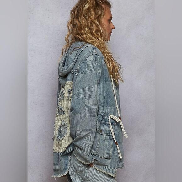 POL Raw Hem Drawstring Zip Up Hooded Denim Jacket Patchwork "Luck & $$$" - Picture 6 of 9